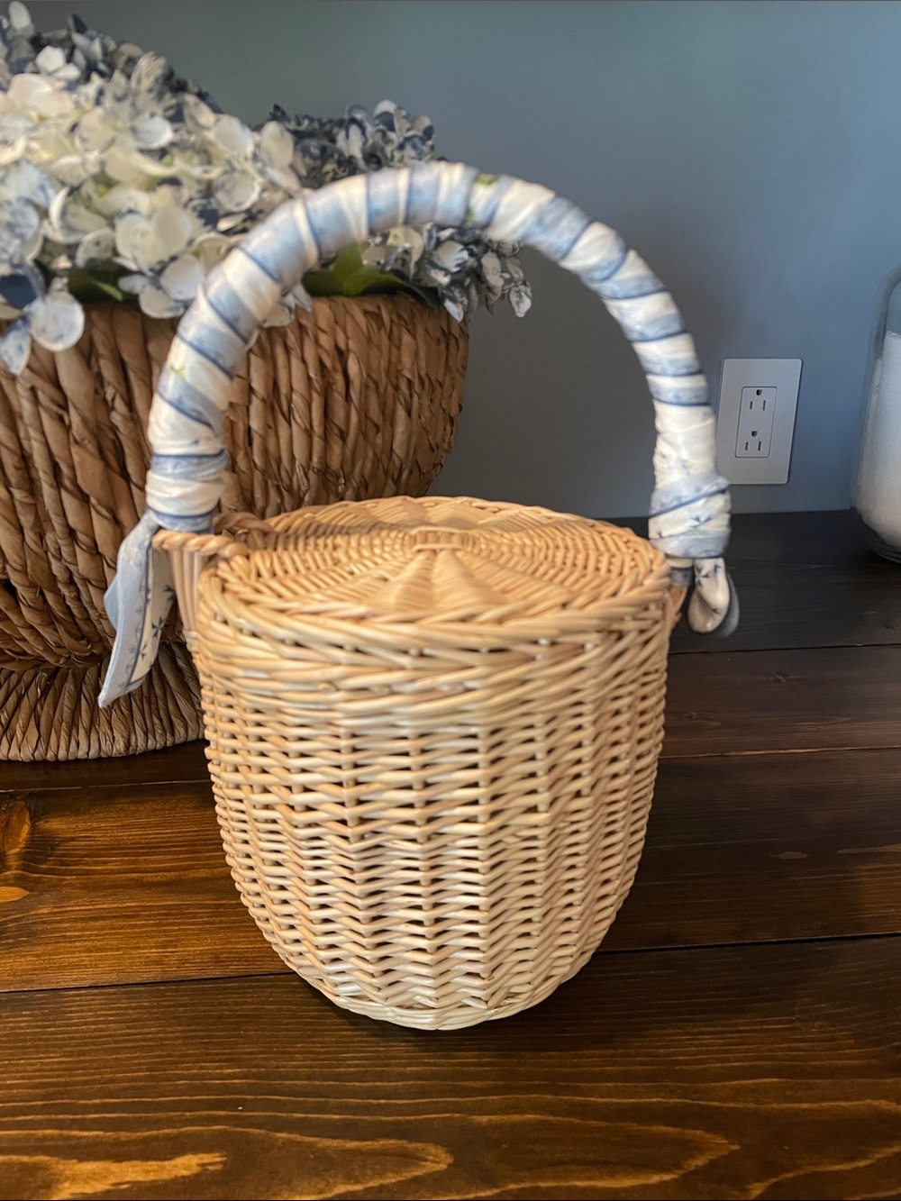 Woven Rattan Basket Purse with Blue-Striped Handle